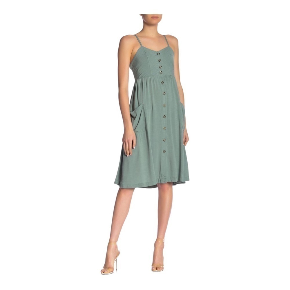 GOOD LUCK GEM Button Front Sleeveless Midi Dress sage green